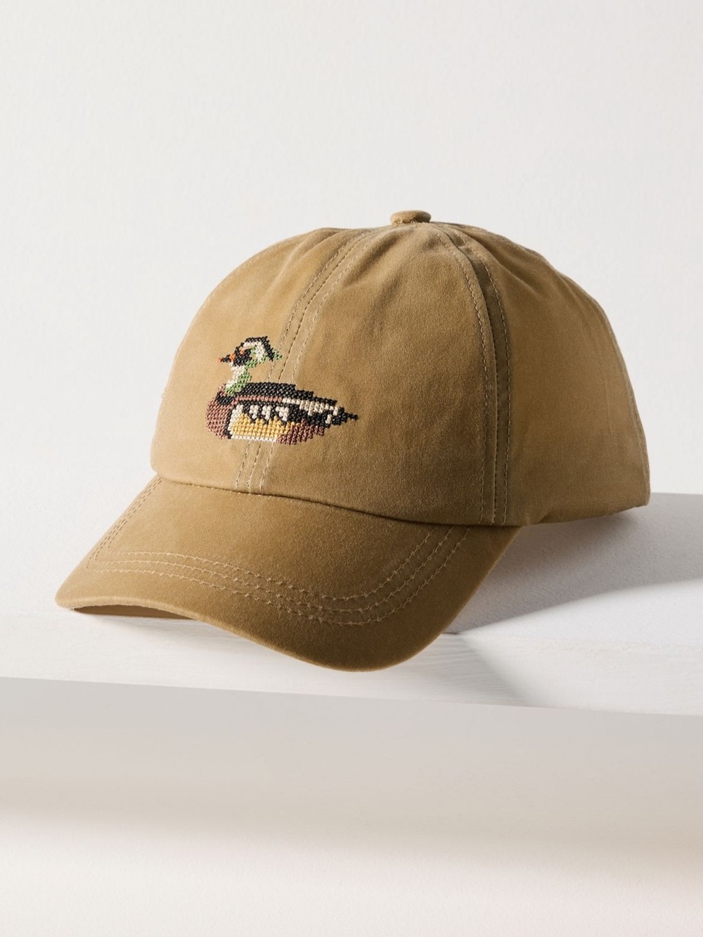 Anthropologie Waxed Canvas Needlepoint Icon Baseball Cap